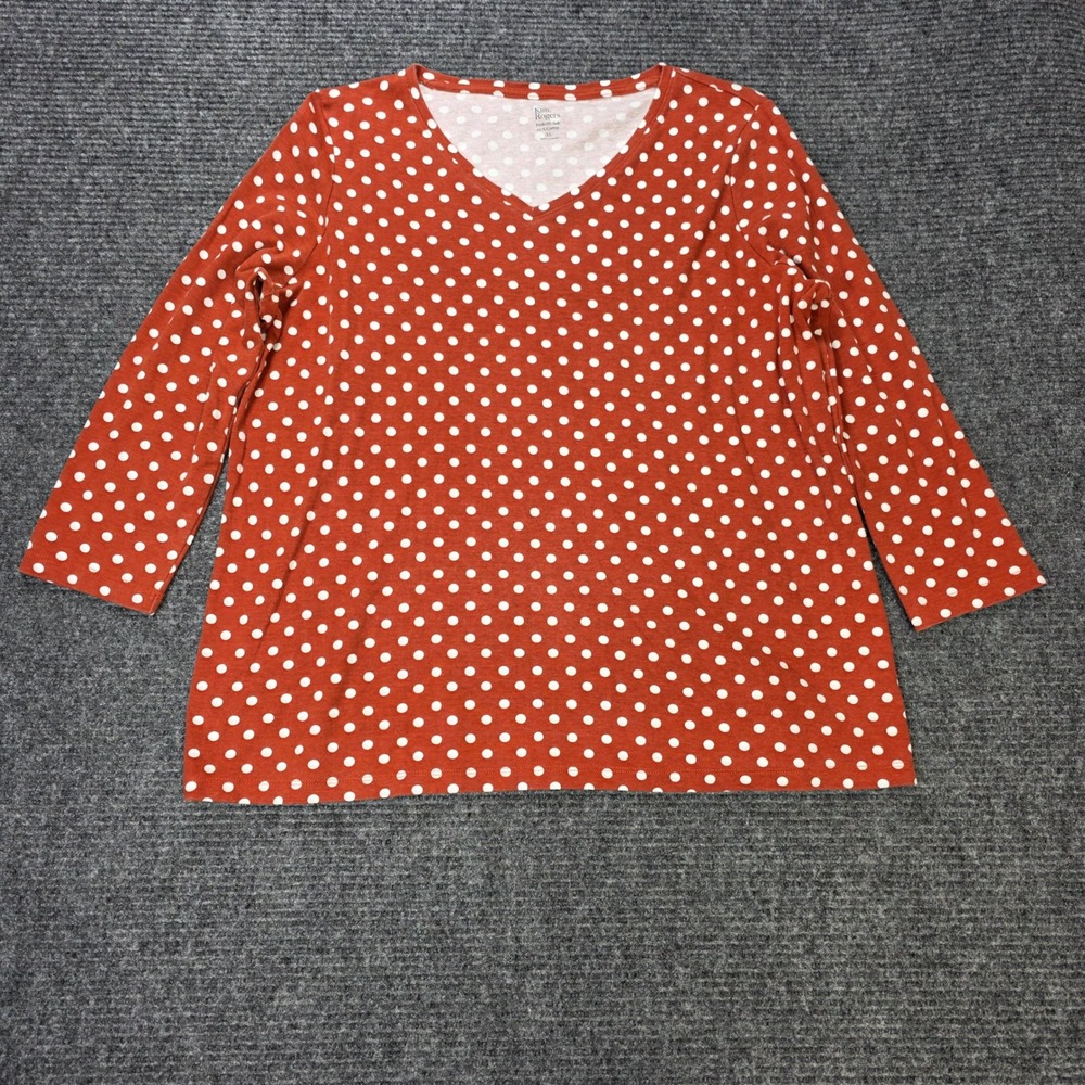 Kim Rogers Polka Dot V-Neck Top Women's Size XL Rust Orange 3/4 Sleeve Cotton - Picture 7 of 7